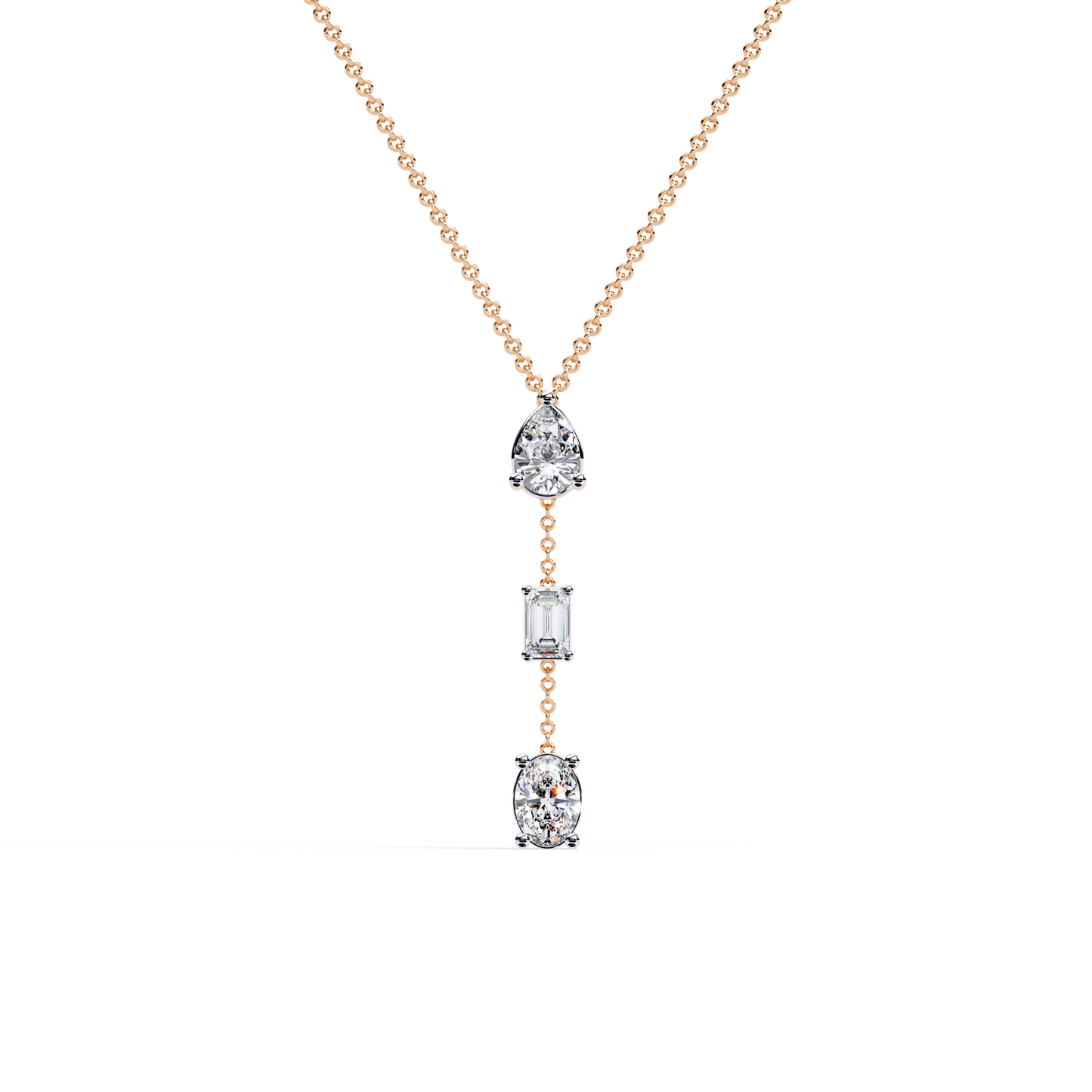 Trinity Drop Necklace | Pear–Emerald–Oval Diamond Stones on Dainty Y Chain | Minimal Lariat Pendant for Women, Elegant Everyday Gift