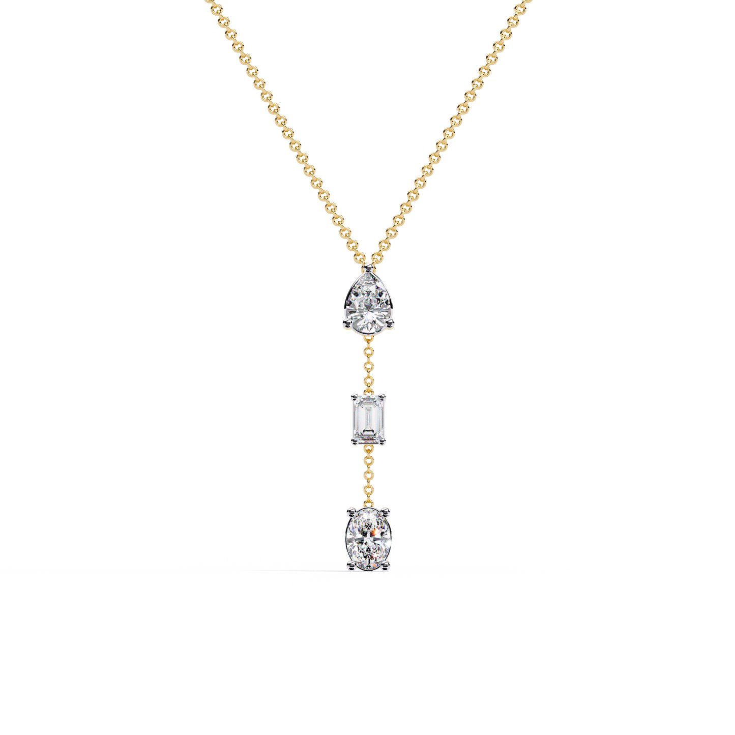 Trinity Drop Necklace | Pear–Emerald–Oval Diamond Stones on Dainty Y Chain | Minimal Lariat Pendant for Women, Elegant Everyday Gift