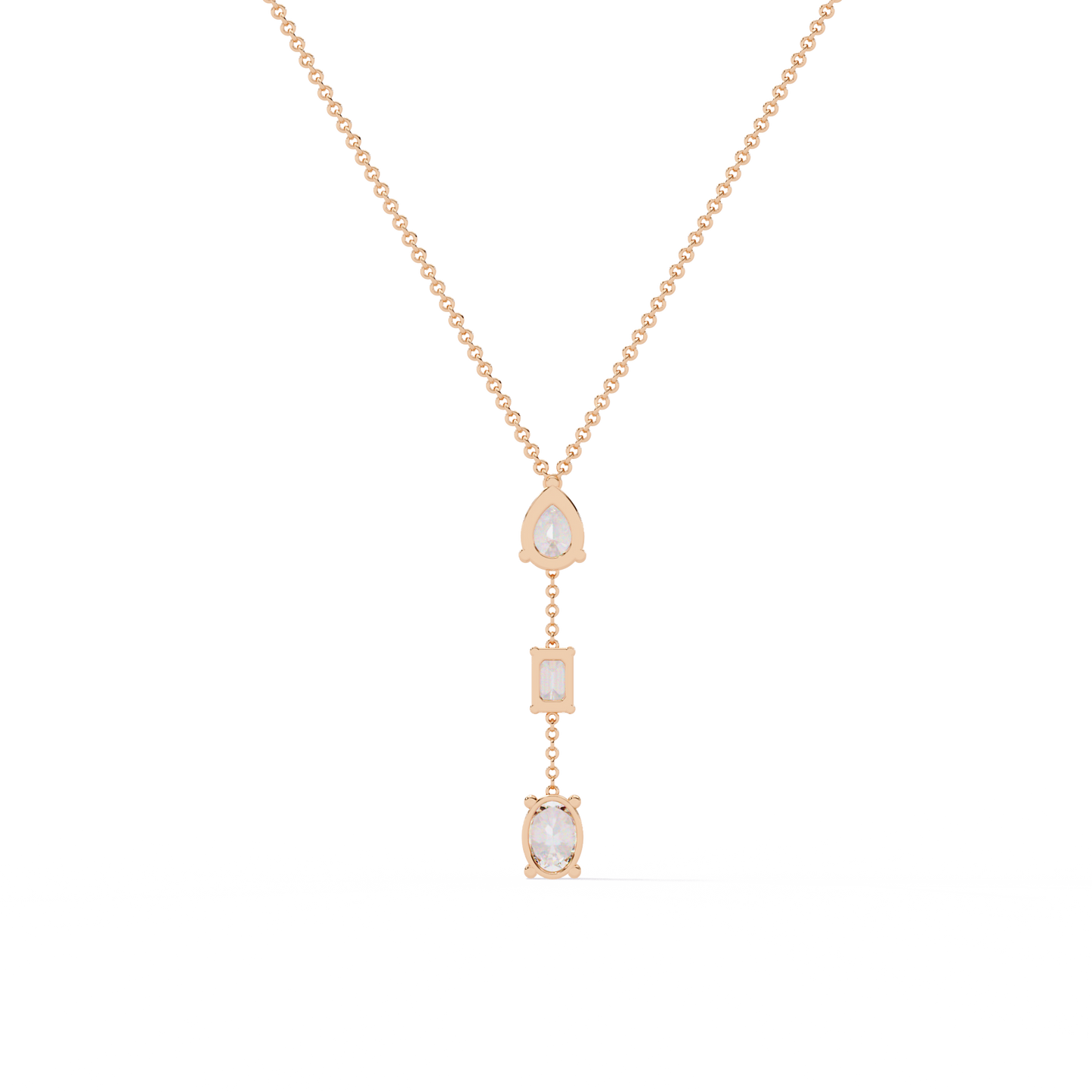 Trinity Drop Necklace | Pear–Emerald–Oval Diamond Stones on Dainty Y Chain | Minimal Lariat Pendant for Women, Elegant Everyday Gift