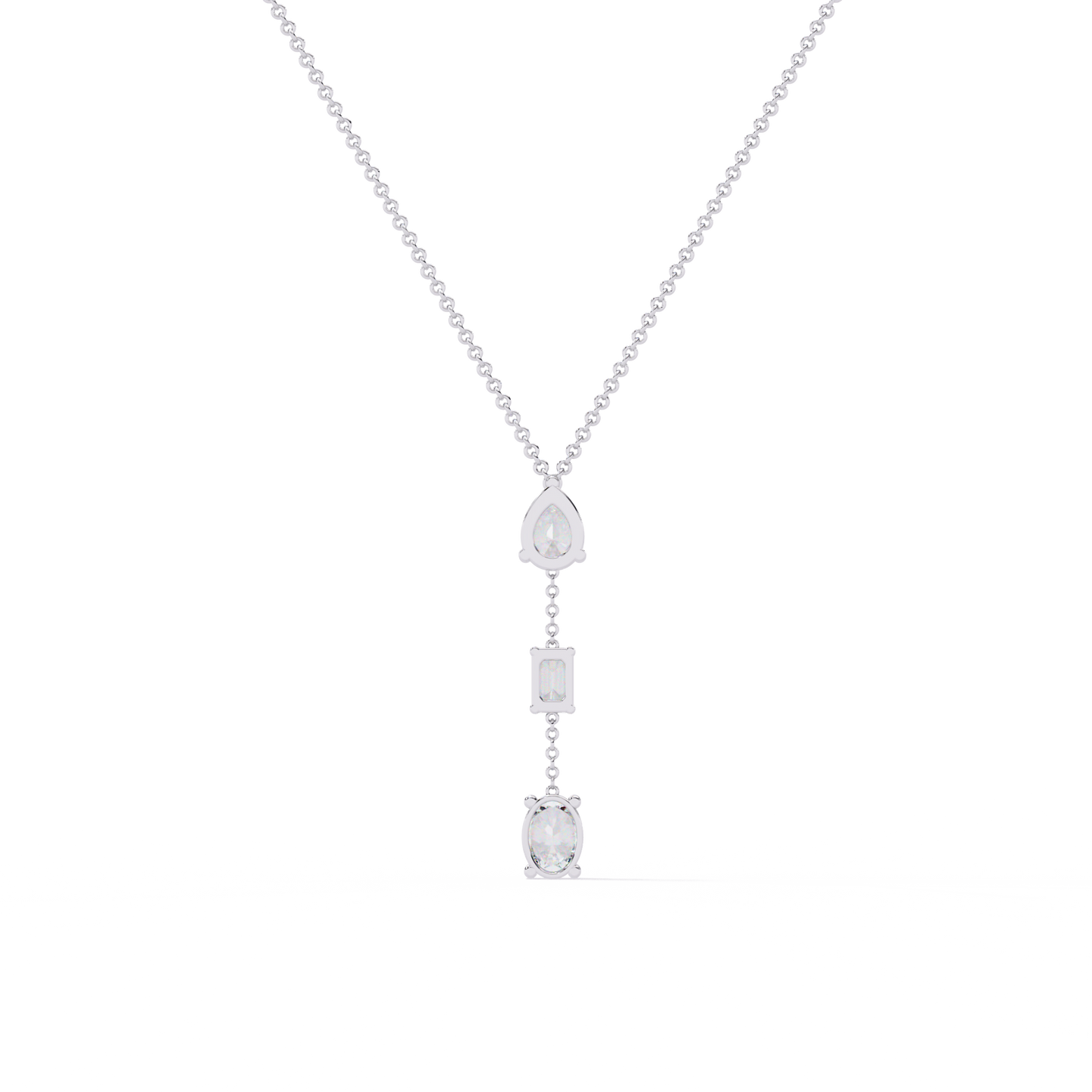 Trinity Drop Necklace | Pear–Emerald–Oval Diamond Stones on Dainty Y Chain | Minimal Lariat Pendant for Women, Elegant Everyday Gift