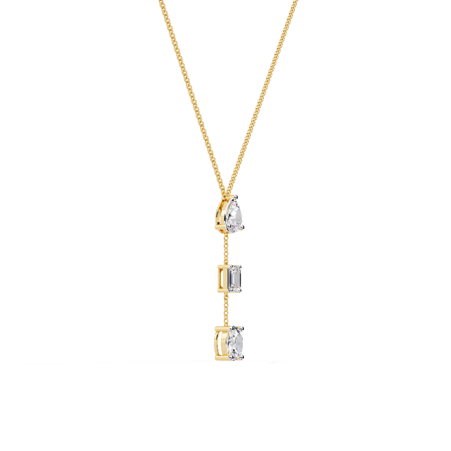 Trinity Drop Necklace | Pear–Emerald–Oval Diamond Stones on Dainty Y Chain | Minimal Lariat Pendant for Women, Elegant Everyday Gift