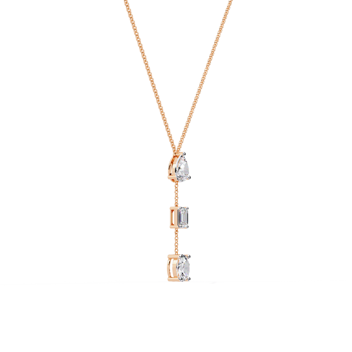 Trinity Drop Necklace | Pear–Emerald–Oval Diamond Stones on Dainty Y Chain | Minimal Lariat Pendant for Women, Elegant Everyday Gift