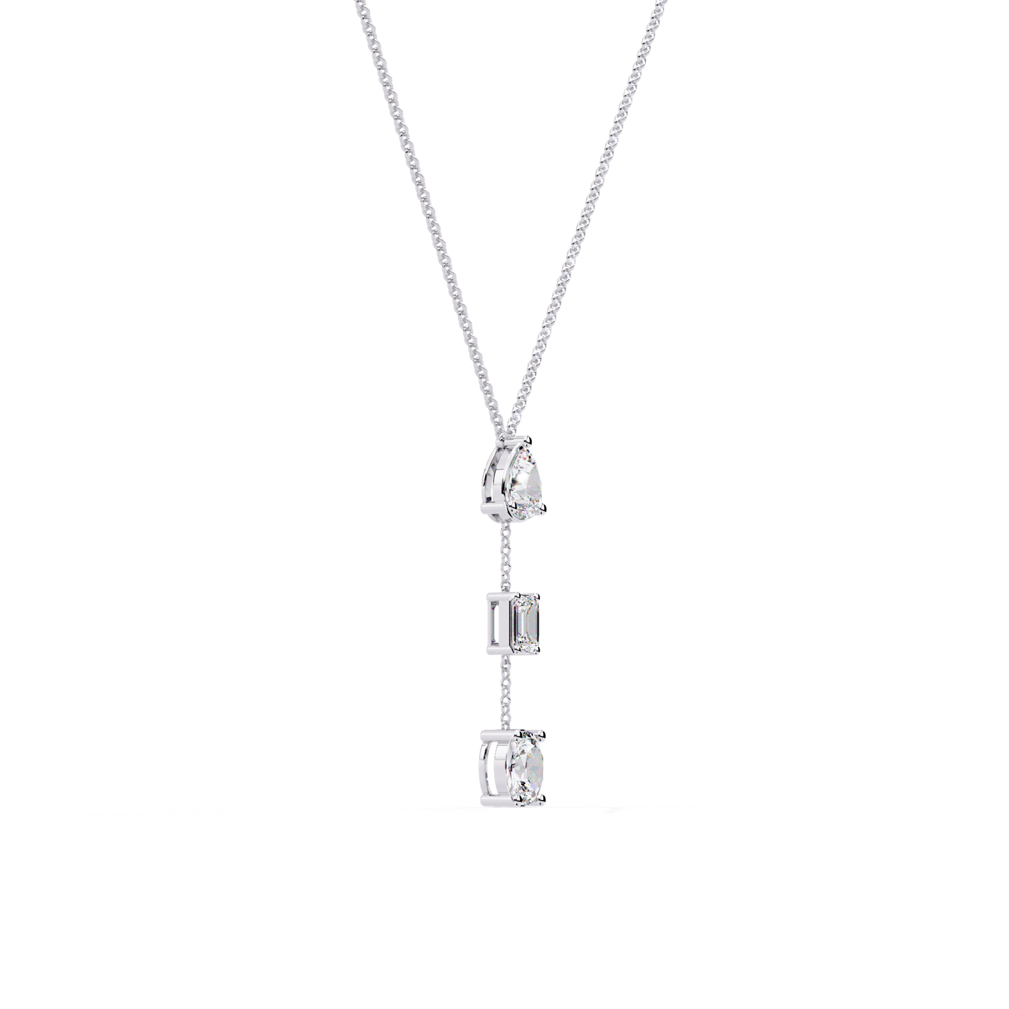 Trinity Drop Necklace | Pear–Emerald–Oval Diamond Stones on Dainty Y Chain | Minimal Lariat Pendant for Women, Elegant Everyday Gift