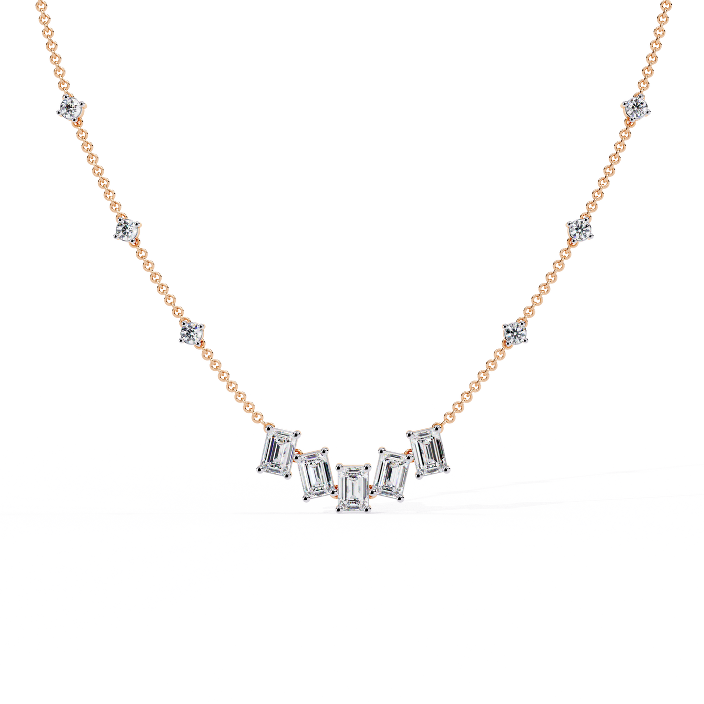 Emerald-Cut Baguette Station Necklace – Five-Stone V Cluster with Sparkle Stations, Adjustable Layering Chain, Minimal Everyday Luxury Gift