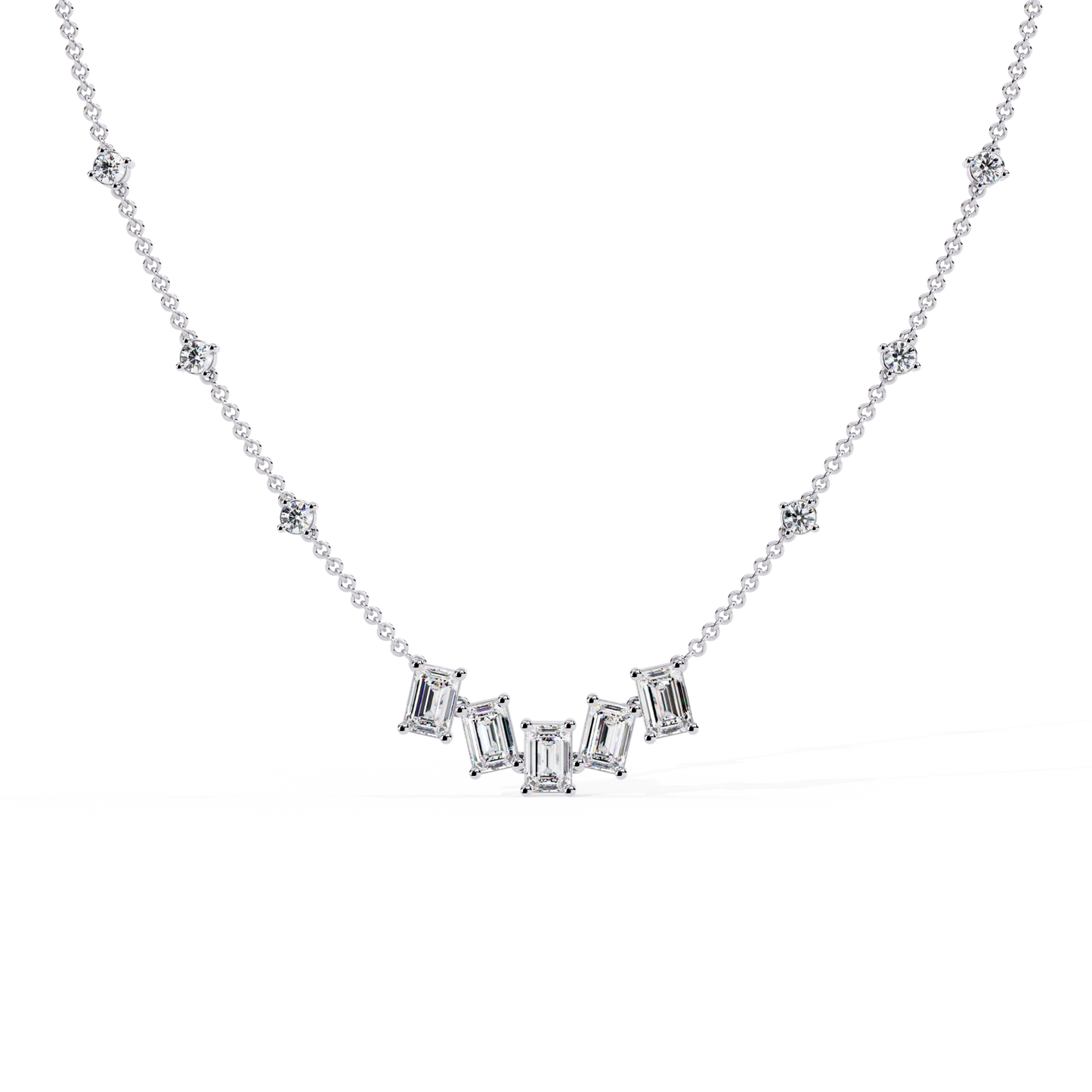 Emerald-Cut Baguette Station Necklace – Five-Stone V Cluster with Sparkle Stations, Adjustable Layering Chain, Minimal Everyday Luxury Gift