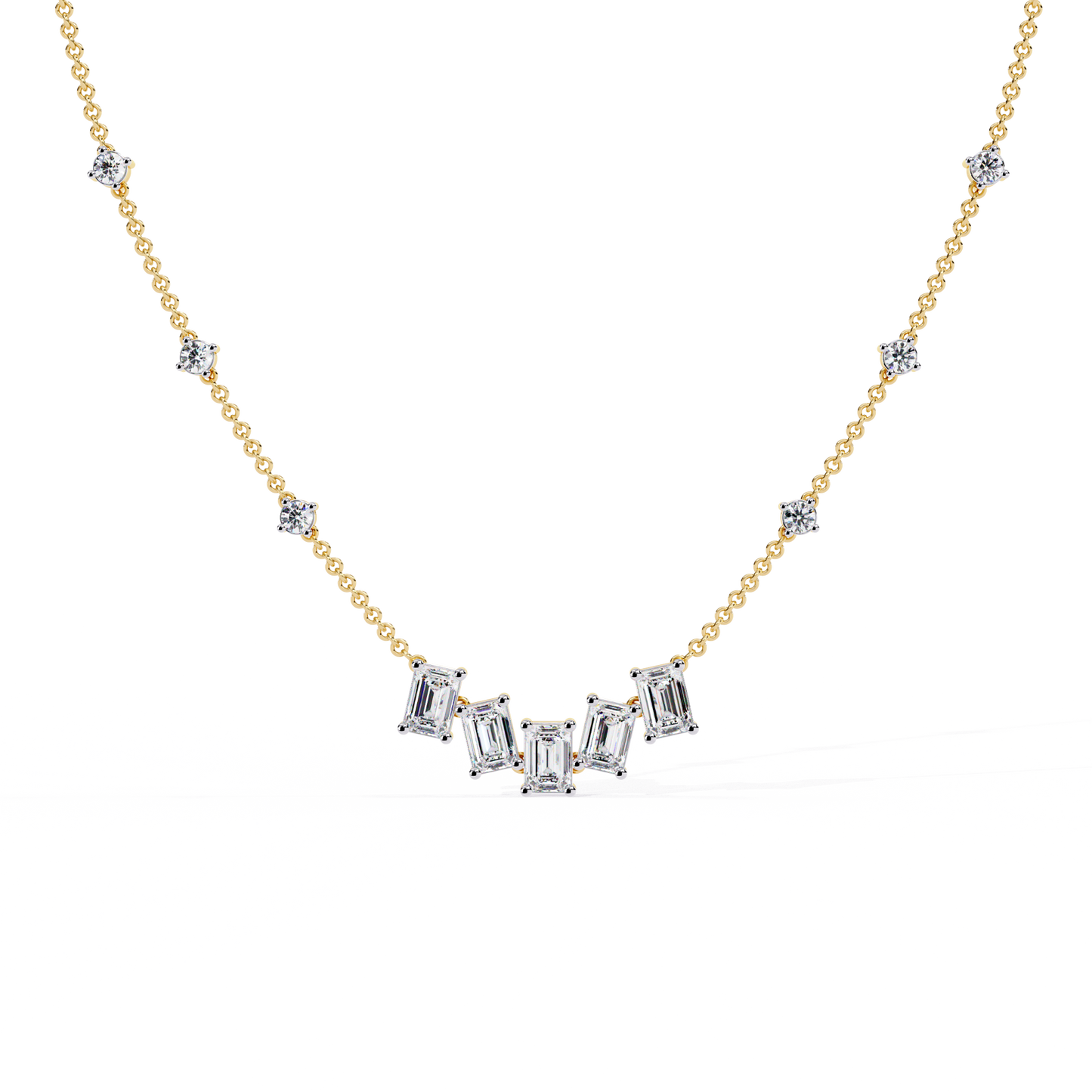 Emerald-Cut Baguette Station Necklace – Five-Stone V Cluster with Sparkle Stations, Adjustable Layering Chain, Minimal Everyday Luxury Gift