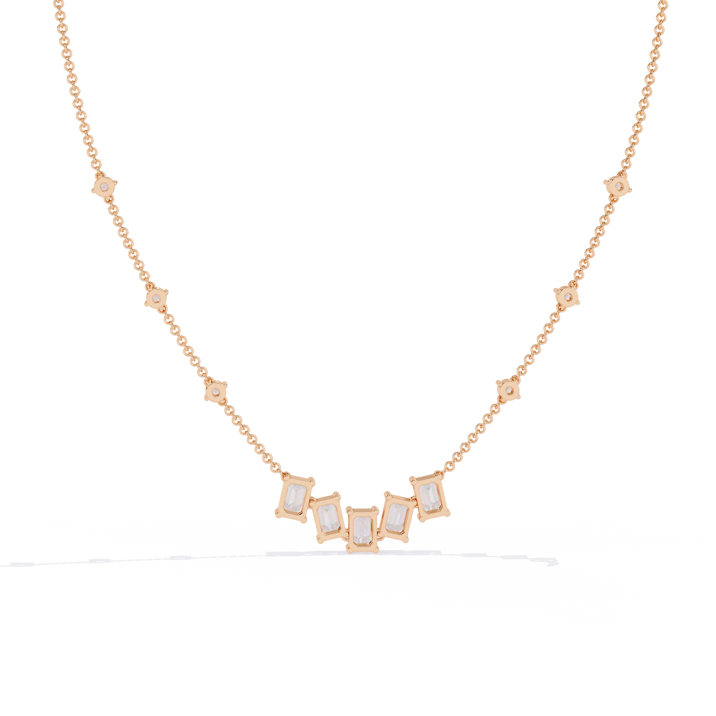 Emerald-Cut Baguette Station Necklace – Five-Stone V Cluster with Sparkle Stations, Adjustable Layering Chain, Minimal Everyday Luxury Gift