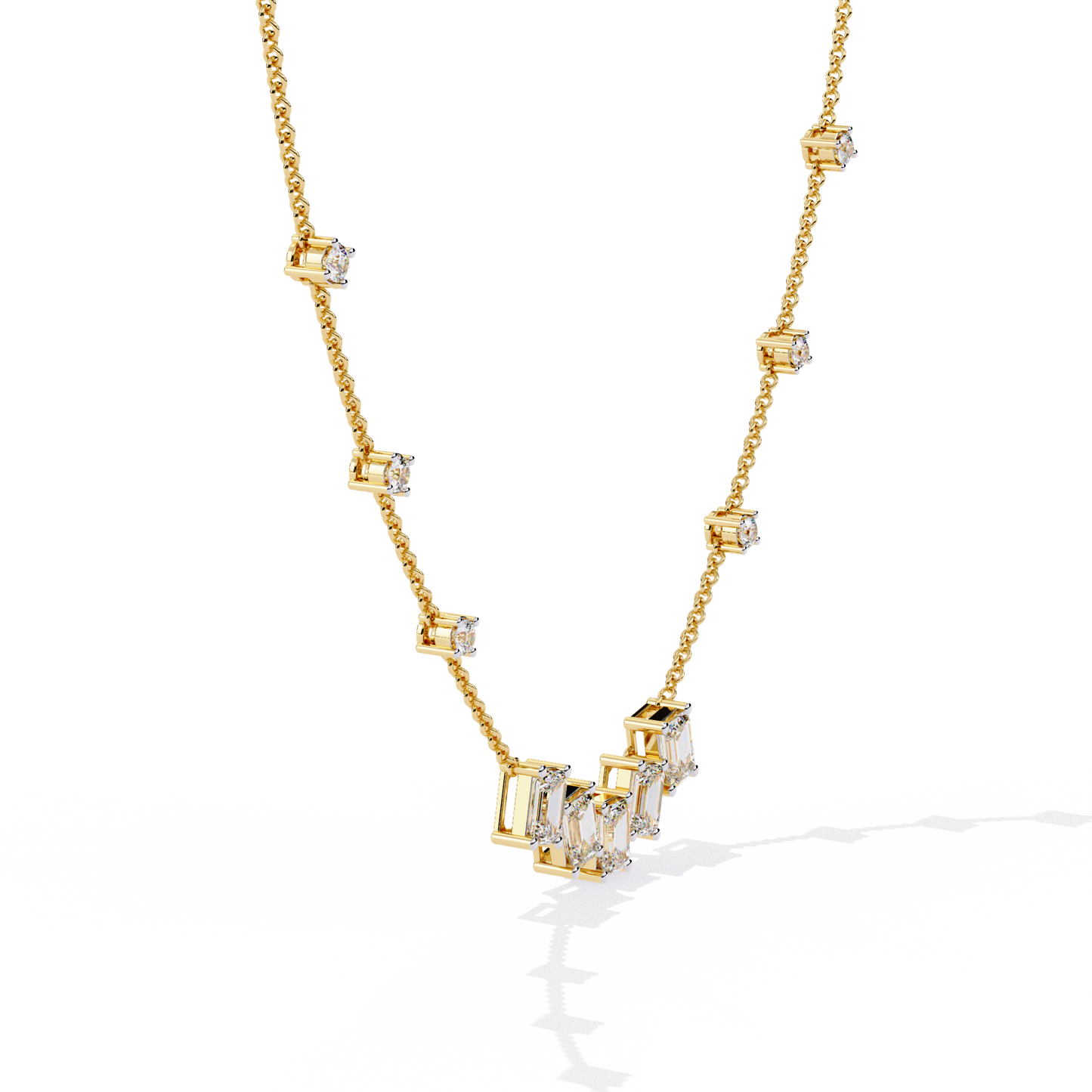 Emerald-Cut Baguette Station Necklace – Five-Stone V Cluster with Sparkle Stations, Adjustable Layering Chain, Minimal Everyday Luxury Gift