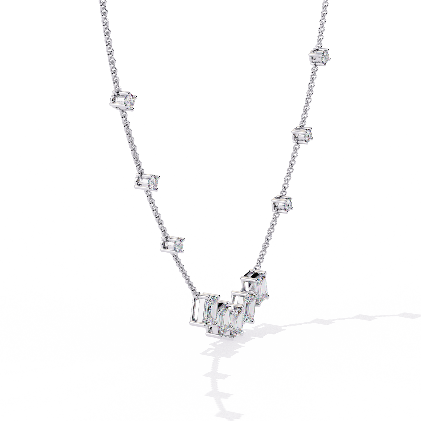 Emerald-Cut Baguette Station Necklace – Five-Stone V Cluster with Sparkle Stations, Adjustable Layering Chain, Minimal Everyday Luxury Gift