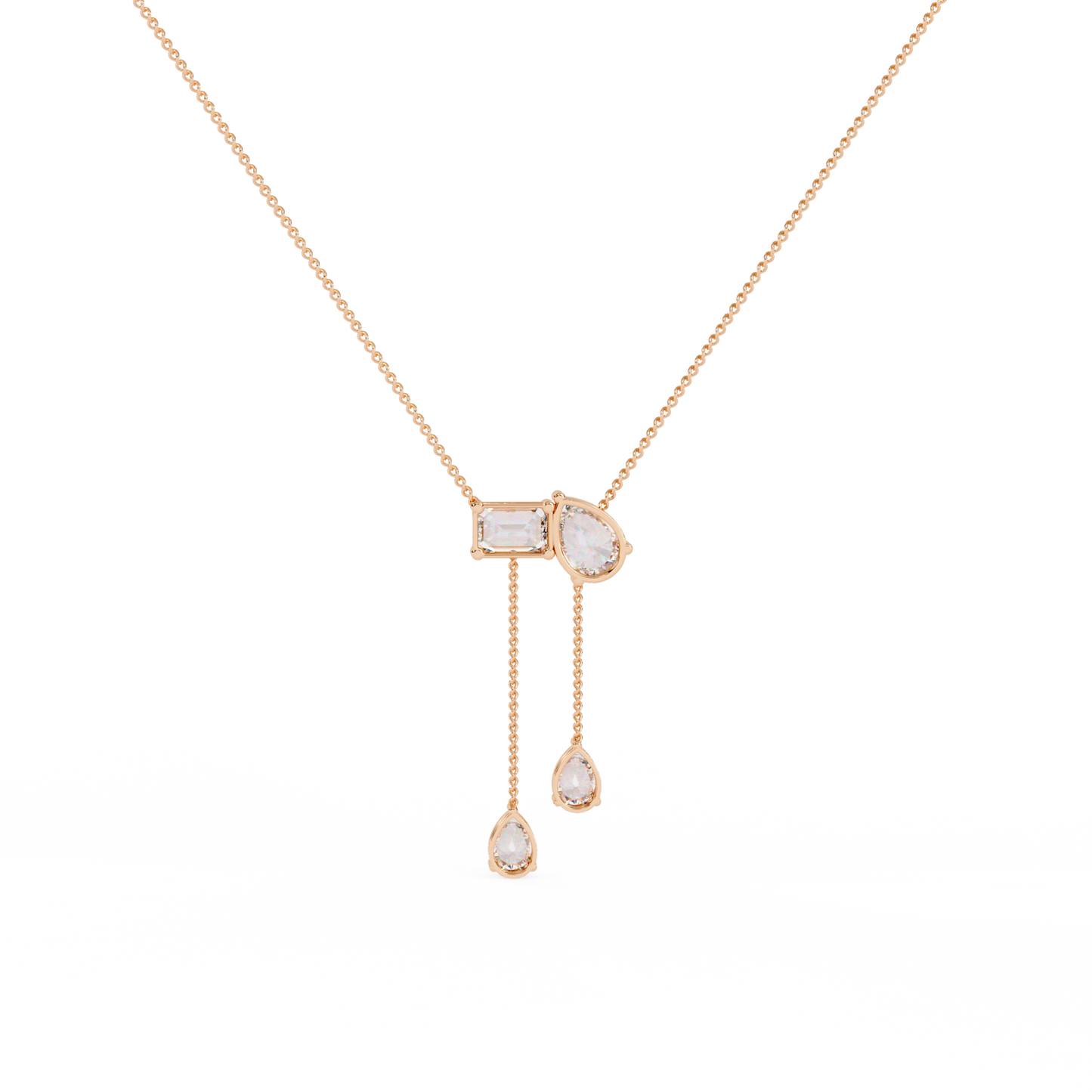 Mixed-Shape Diamond Y Necklace – Pear & Emerald-Cut Drop Lariat | Dainty Station Pendant for Layering | Solid Gold Chain, Minimal Modern Gift