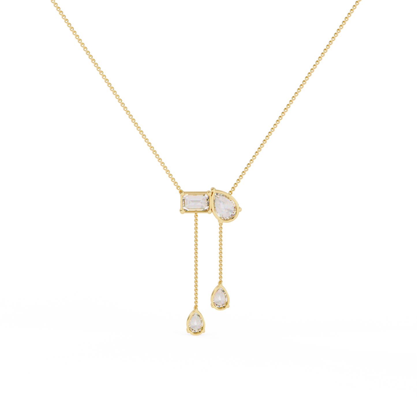 Mixed-Shape Diamond Y Necklace – Pear & Emerald-Cut Drop Lariat | Dainty Station Pendant for Layering | Solid Gold Chain, Minimal Modern Gift
