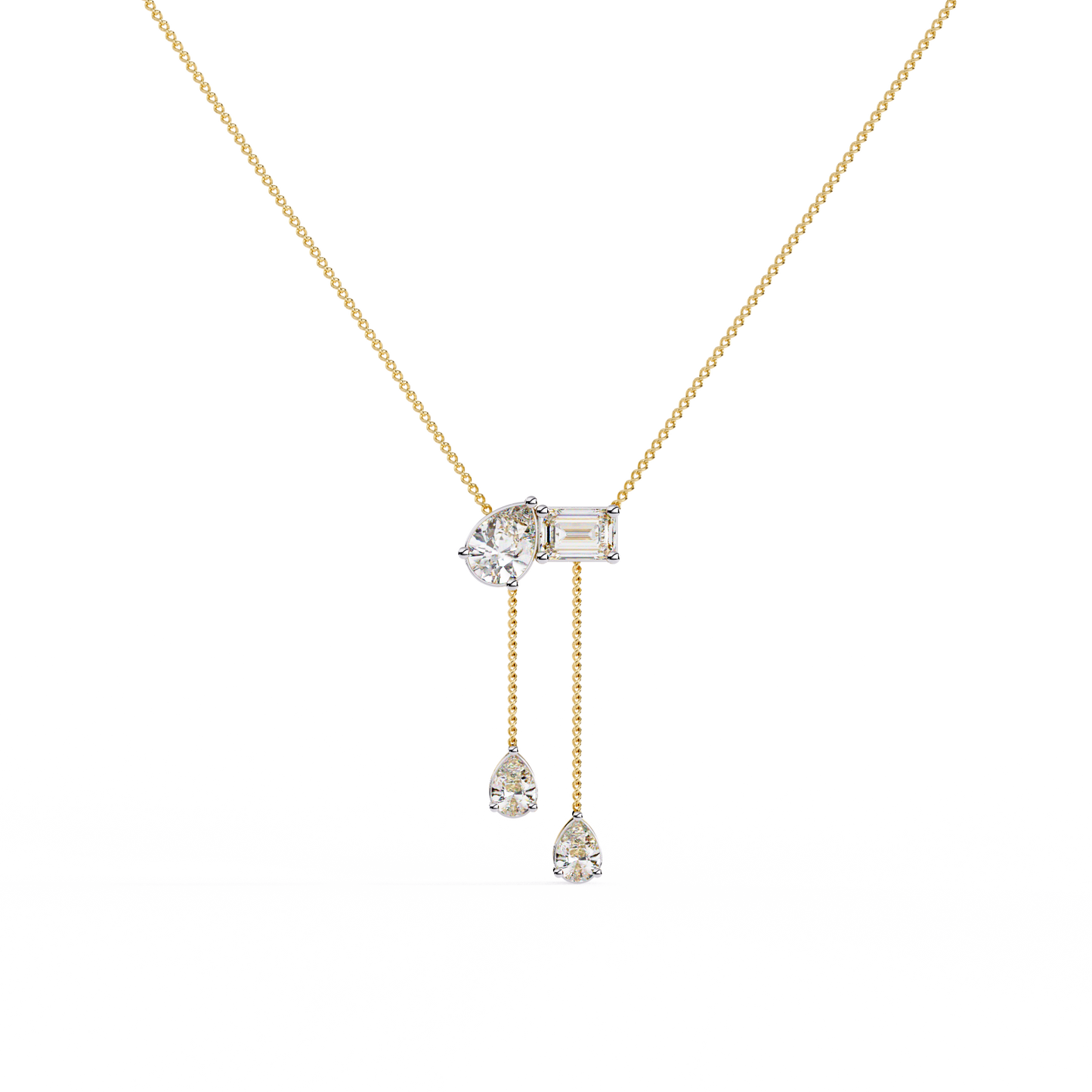 Mixed-Shape Diamond Y Necklace – Pear & Emerald-Cut Drop Lariat | Dainty Station Pendant for Layering | Solid Gold Chain, Minimal Modern Gift