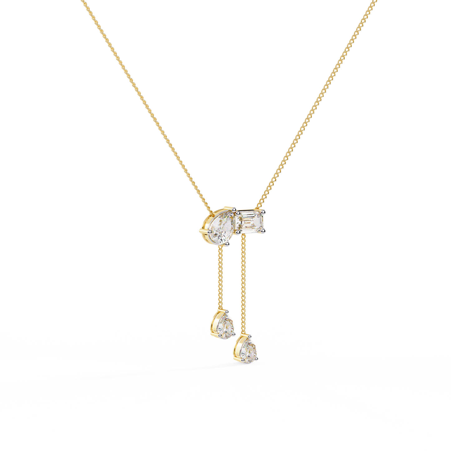 Mixed-Shape Diamond Y Necklace – Pear & Emerald-Cut Drop Lariat | Dainty Station Pendant for Layering | Solid Gold Chain, Minimal Modern Gift