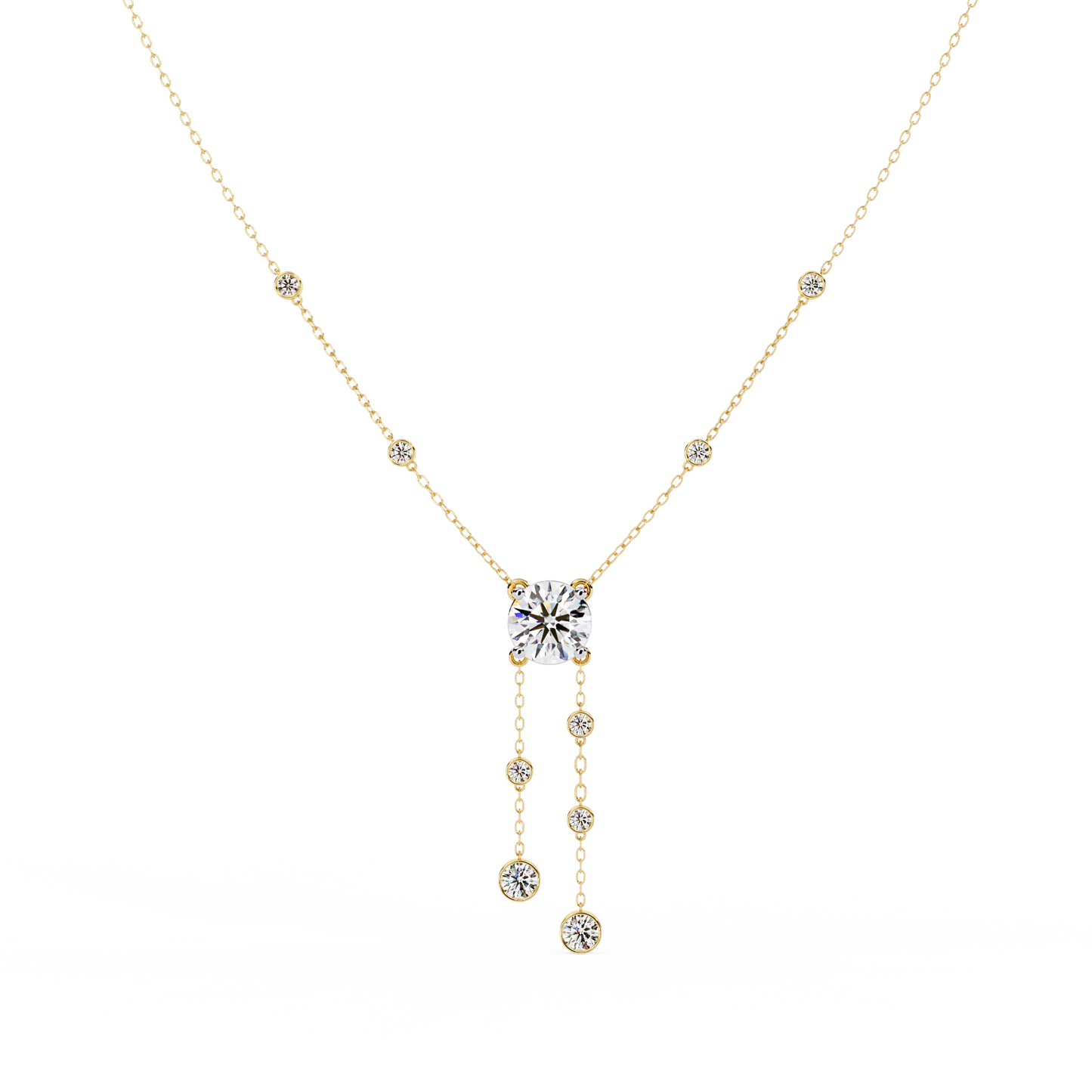 Dainty Y Lariat Necklace with Round SolitaireDangling Bezel Drops — Station Diamond Chain, Minimalist Layering, Gift for Her — Sparkle