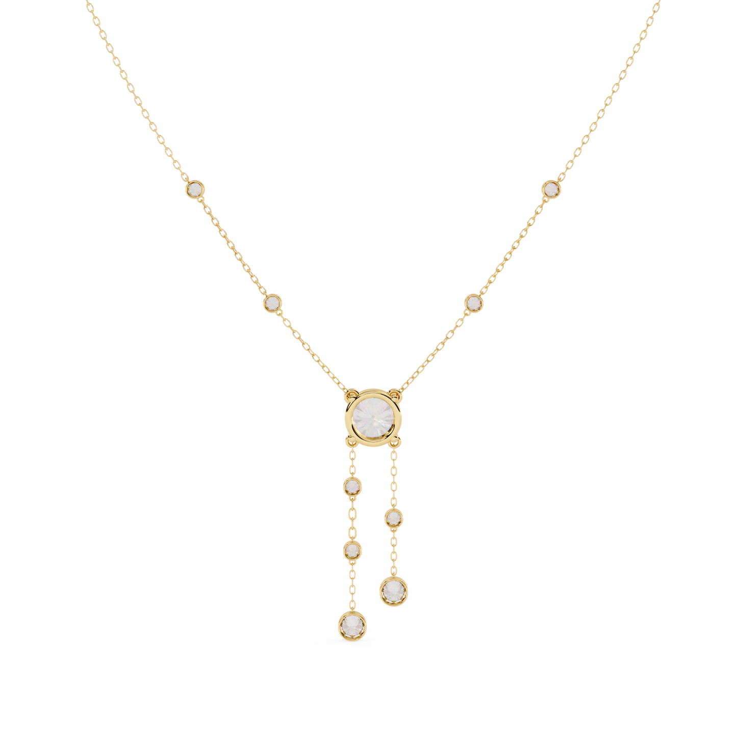 Dainty Y Lariat Necklace with Round SolitaireDangling Bezel Drops — Station Diamond Chain, Minimalist Layering, Gift for Her — Sparkle