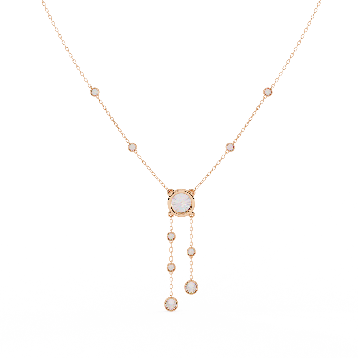 Dainty Y Lariat Necklace with Round SolitaireDangling Bezel Drops — Station Diamond Chain, Minimalist Layering, Gift for Her — Sparkle