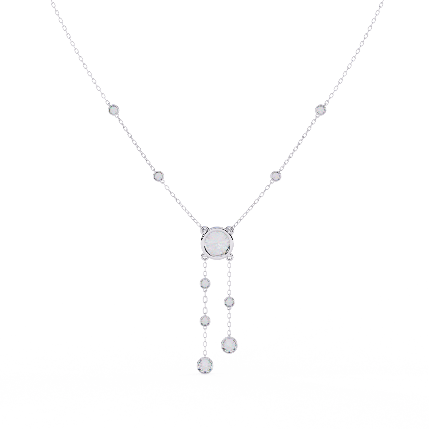 Dainty Y Lariat Necklace with Round SolitaireDangling Bezel Drops — Station Diamond Chain, Minimalist Layering, Gift for Her — Sparkle