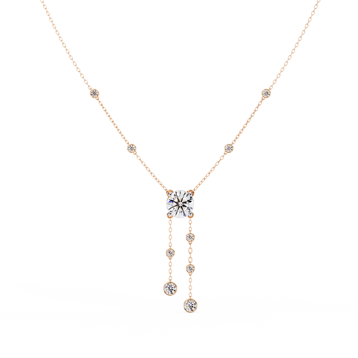 Dainty Y Lariat Necklace with Round SolitaireDangling Bezel Drops — Station Diamond Chain, Minimalist Layering, Gift for Her — Sparkle