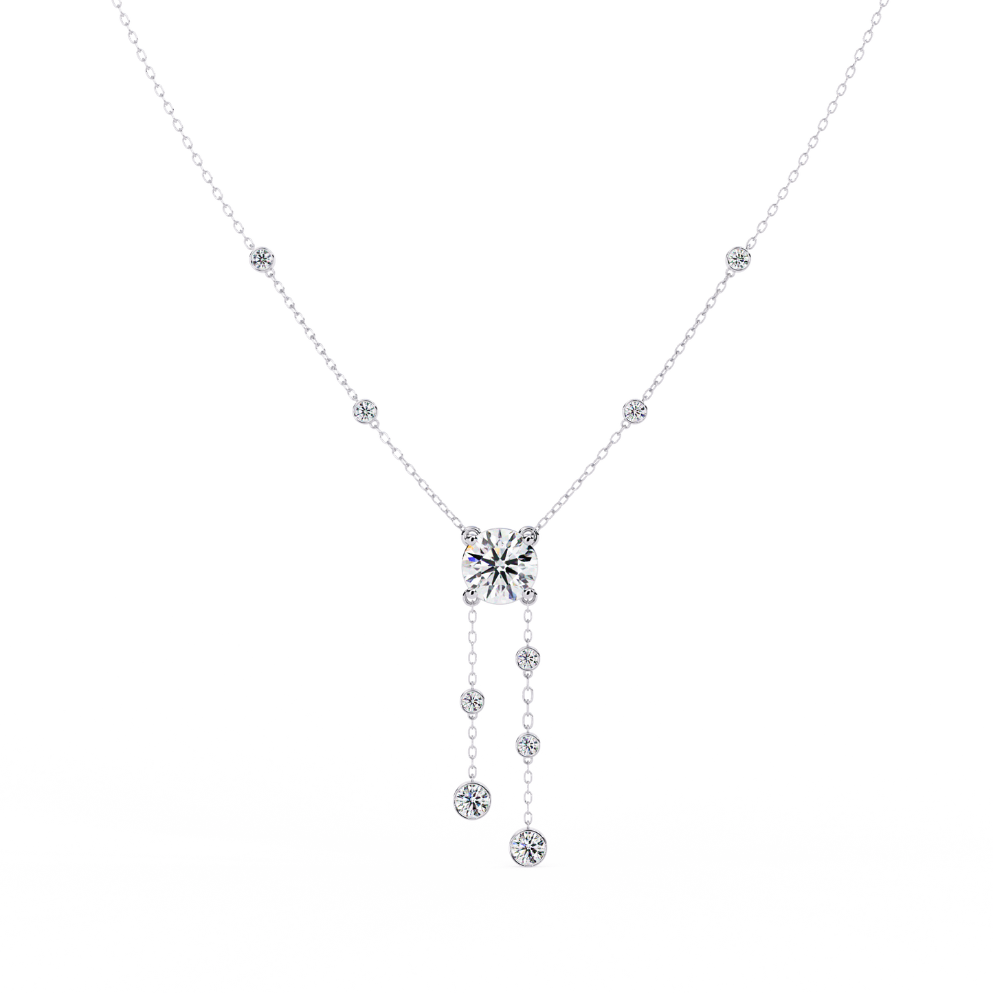 Dainty Y Lariat Necklace with Round SolitaireDangling Bezel Drops — Station Diamond Chain, Minimalist Layering, Gift for Her — Sparkle