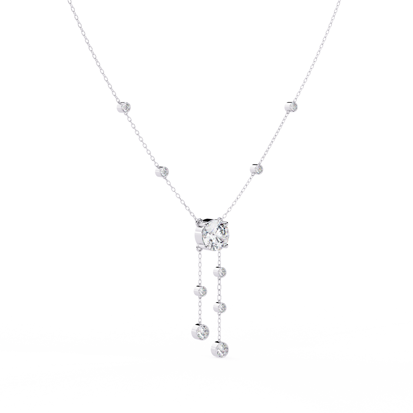 Dainty Y Lariat Necklace with Round SolitaireDangling Bezel Drops — Station Diamond Chain, Minimalist Layering, Gift for Her — Sparkle