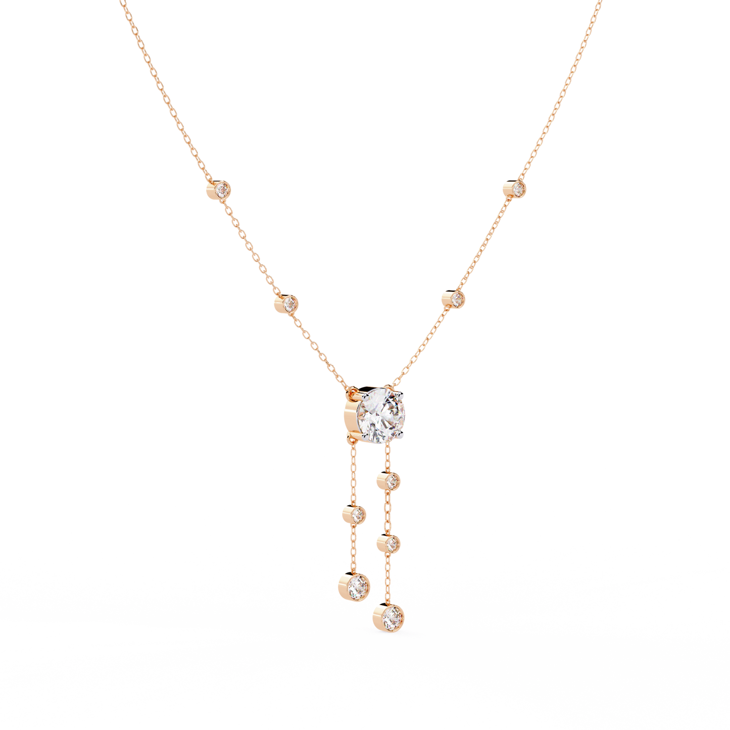 Dainty Y Lariat Necklace with Round SolitaireDangling Bezel Drops — Station Diamond Chain, Minimalist Layering, Gift for Her — Sparkle