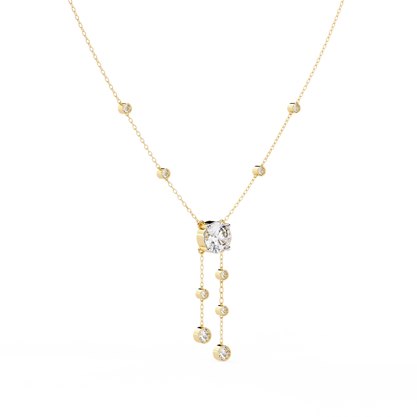 Dainty Y Lariat Necklace with Round SolitaireDangling Bezel Drops — Station Diamond Chain, Minimalist Layering, Gift for Her — Sparkle