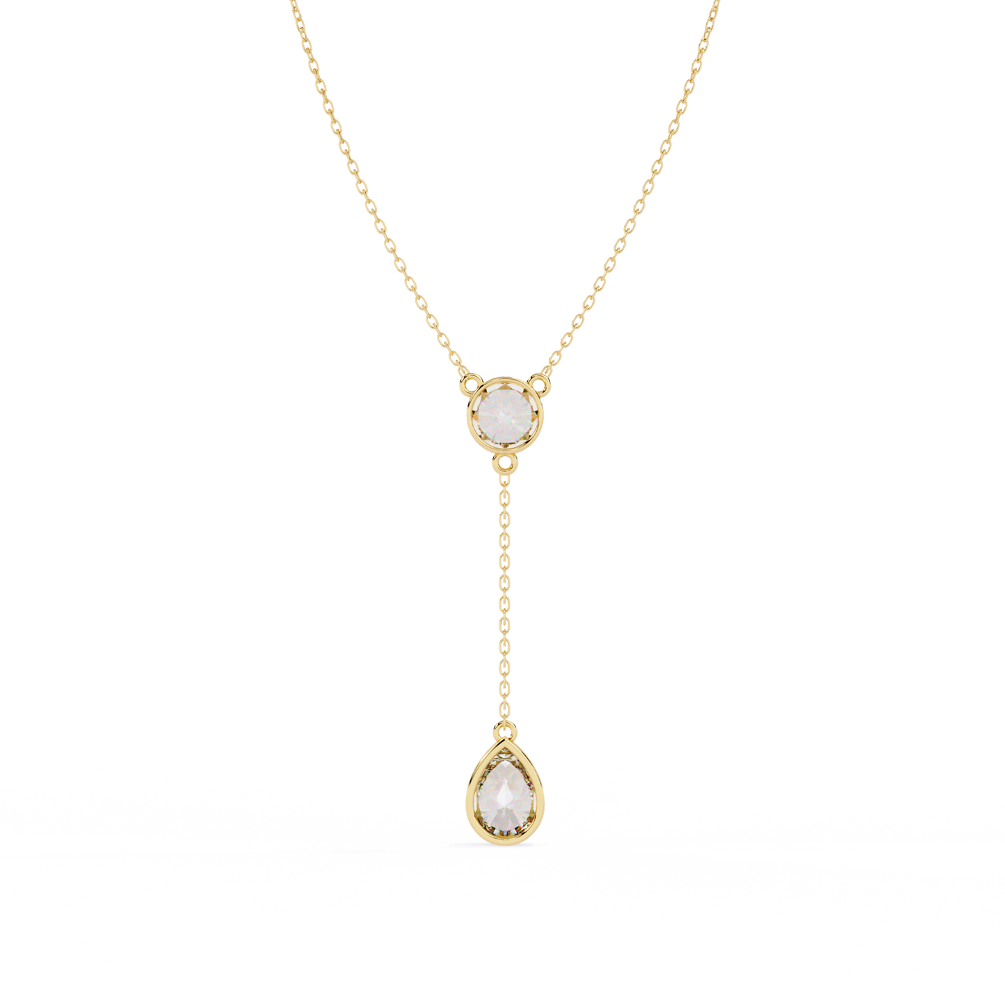 Dainty Diamond Lariat Necklace – Bezel-Set Round & Pear Drop on Station Chain, Minimal Y-Neck Pendant for Everyday & Bridal Gift