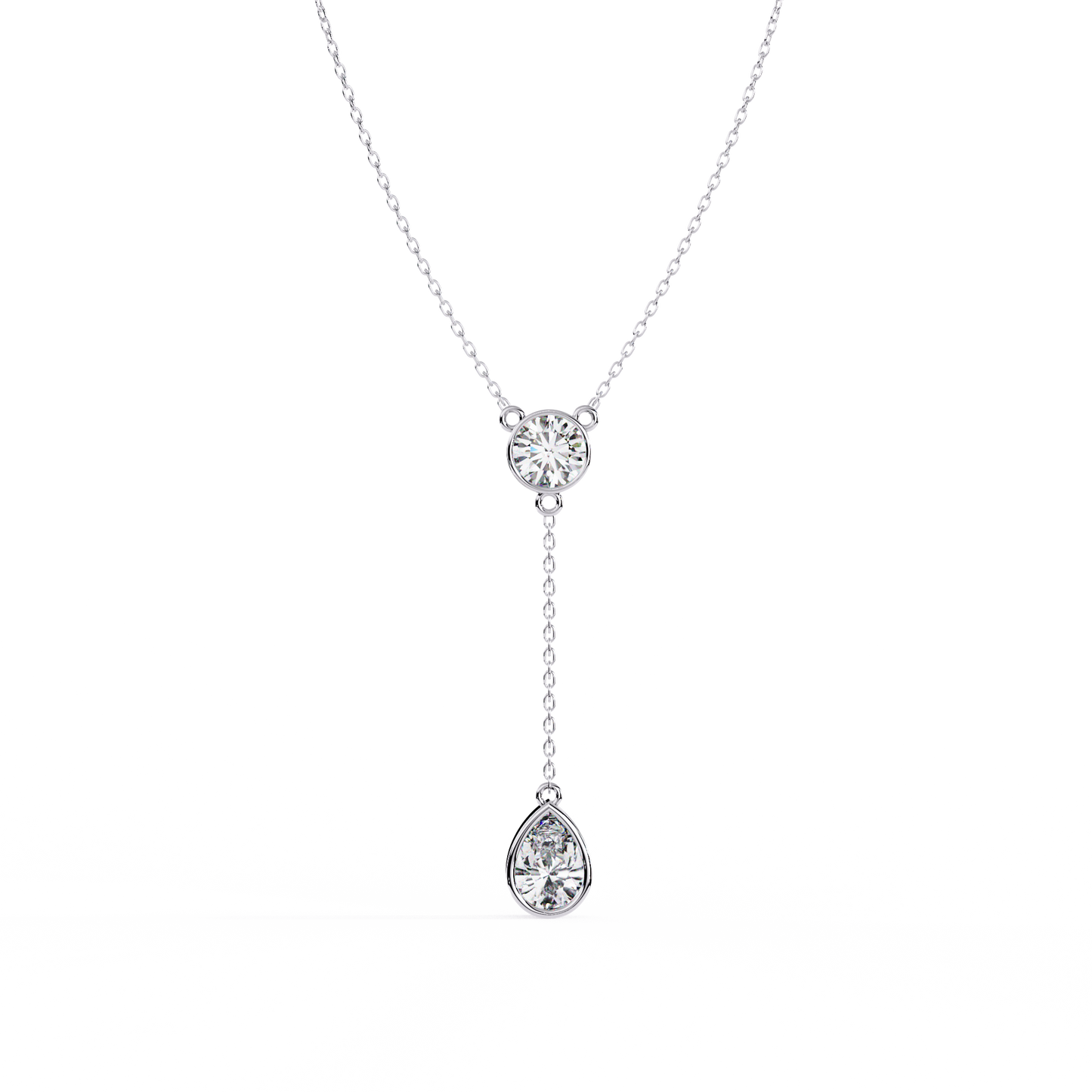 Dainty Diamond Lariat Necklace – Bezel-Set Round & Pear Drop on Station Chain, Minimal Y-Neck Pendant for Everyday & Bridal Gift
