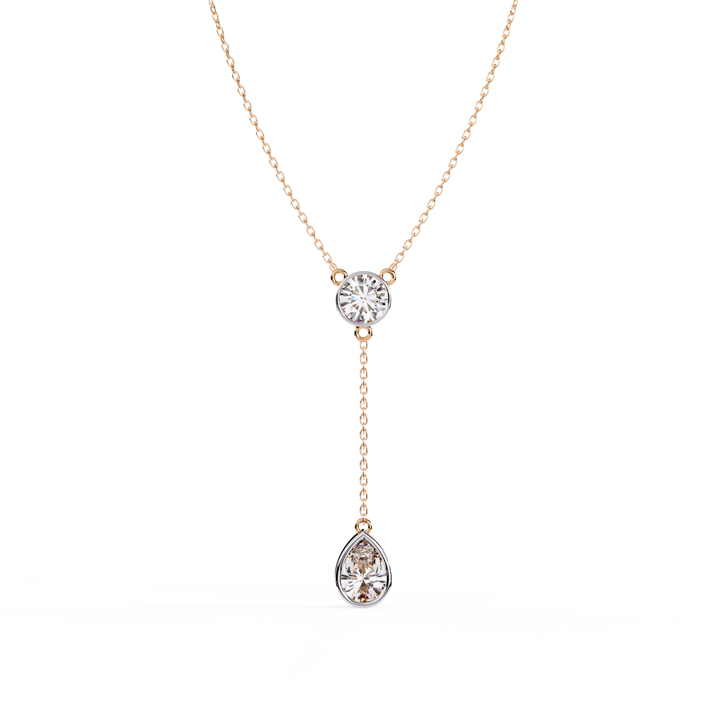 Dainty Diamond Lariat Necklace – Bezel-Set Round & Pear Drop on Station Chain, Minimal Y-Neck Pendant for Everyday & Bridal Gift