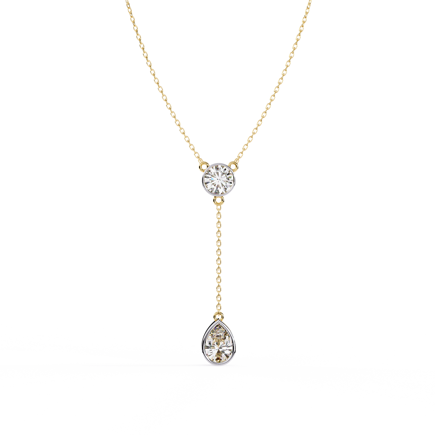 Dainty Diamond Lariat Necklace – Bezel-Set Round & Pear Drop on Station Chain, Minimal Y-Neck Pendant for Everyday & Bridal Gift