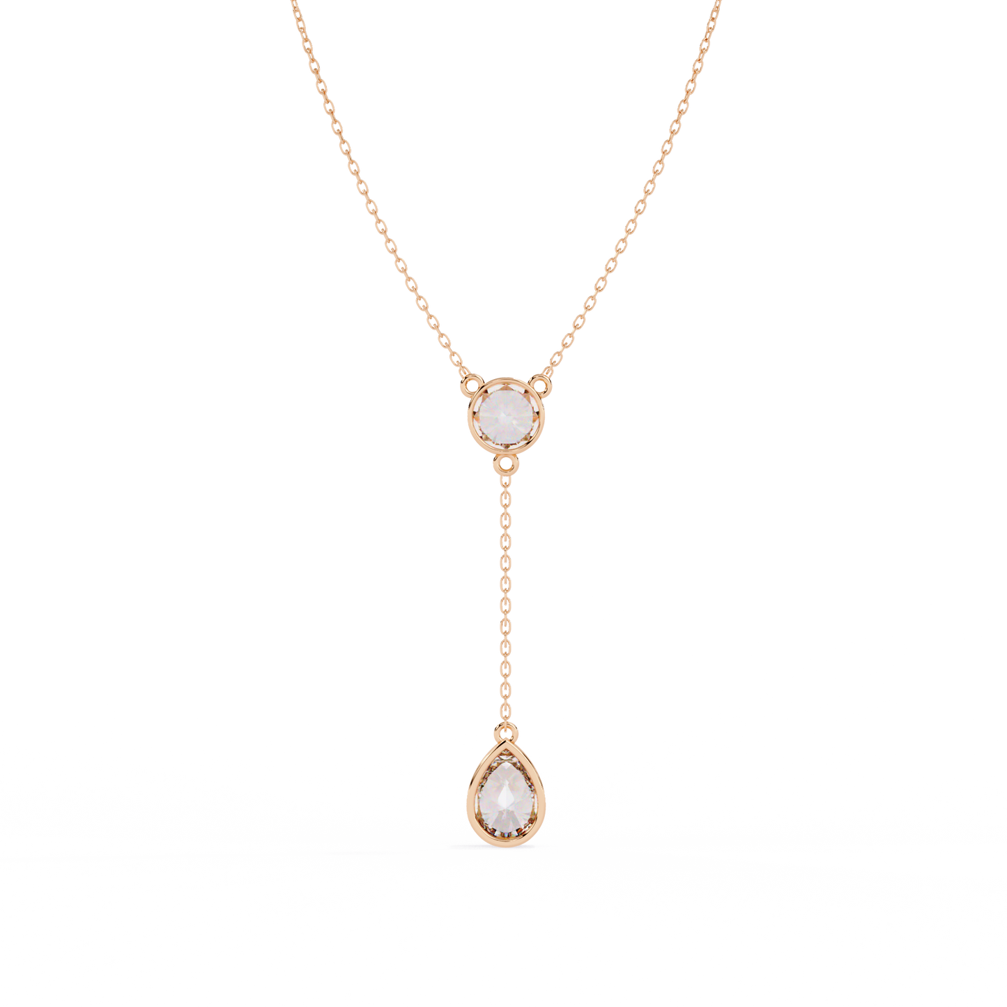 Dainty Diamond Lariat Necklace – Bezel-Set Round & Pear Drop on Station Chain, Minimal Y-Neck Pendant for Everyday & Bridal Gift