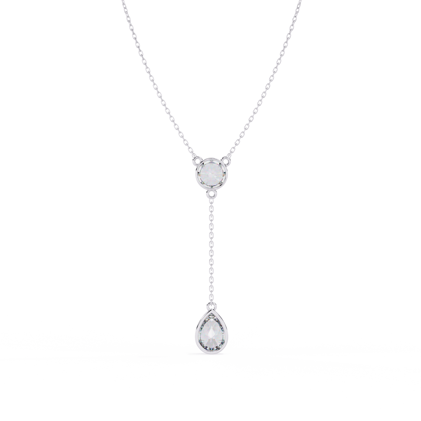 Dainty Diamond Lariat Necklace – Bezel-Set Round & Pear Drop on Station Chain, Minimal Y-Neck Pendant for Everyday & Bridal Gift