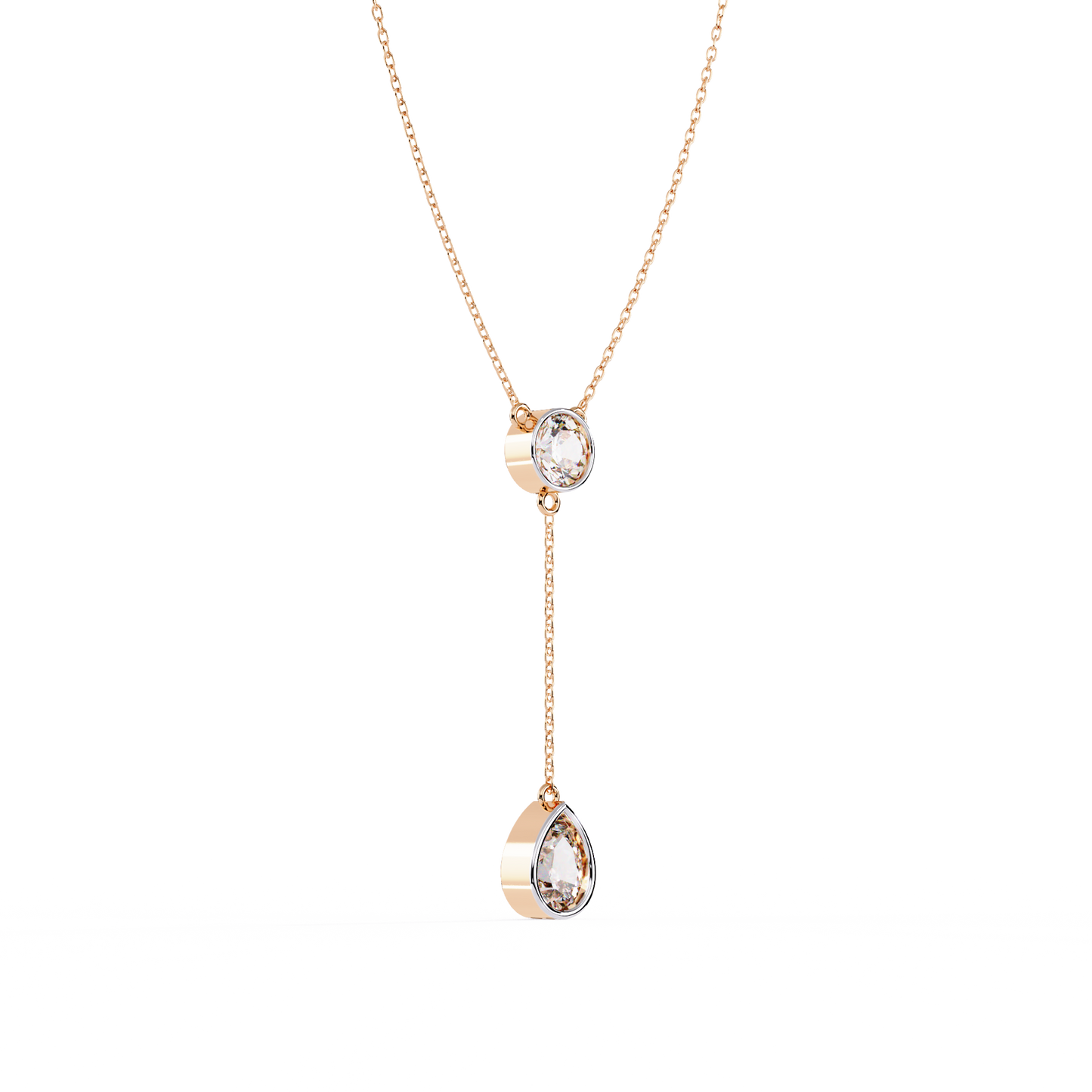 Dainty Diamond Lariat Necklace – Bezel-Set Round & Pear Drop on Station Chain, Minimal Y-Neck Pendant for Everyday & Bridal Gift