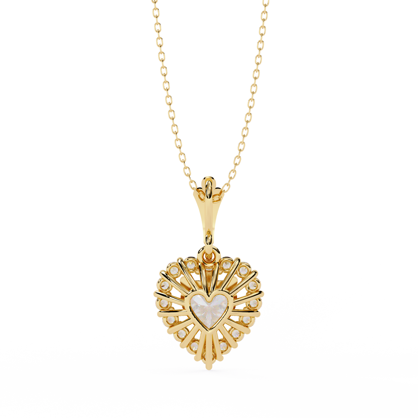 Heart Halo Pendant Necklace – Vintage Sunburst Medallion with Center Heart Stone, Custom in Lab-Grown Diamond or Moissanite, Gift for Her