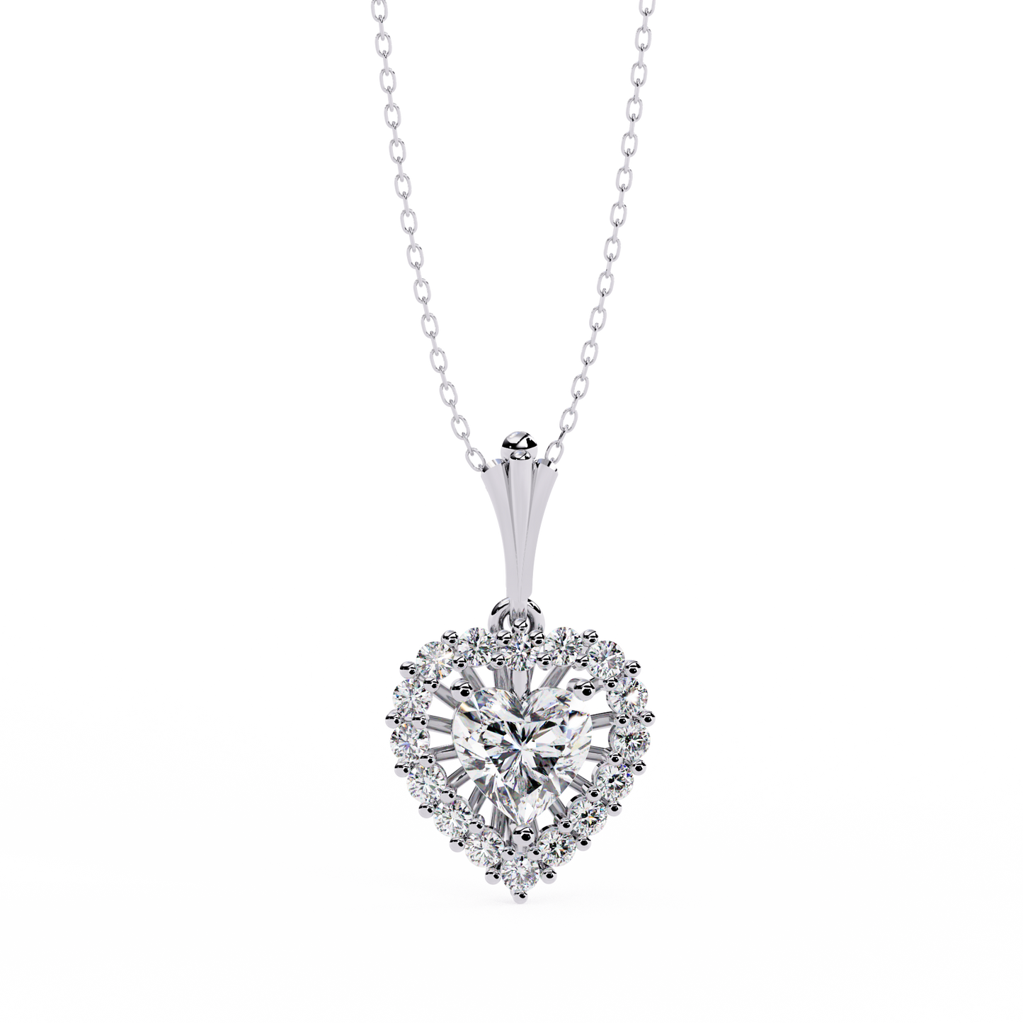Heart Halo Pendant Necklace – Vintage Sunburst Medallion with Center Heart Stone, Custom in Lab-Grown Diamond or Moissanite, Gift for Her