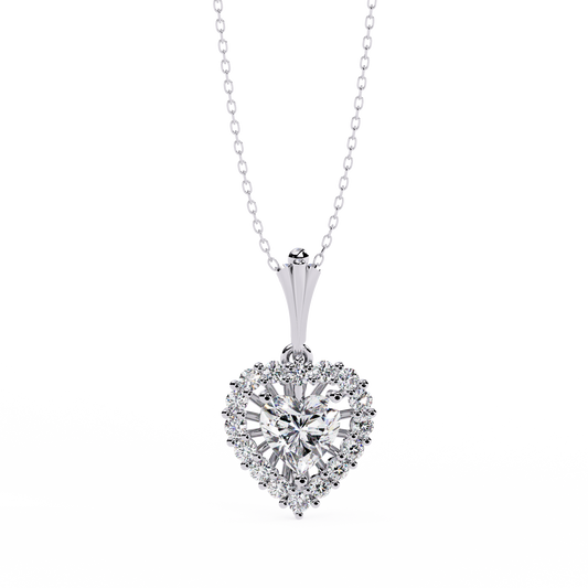 Heart Halo Pendant Necklace – Vintage Sunburst Medallion with Center Heart Stone, Custom in Lab-Grown Diamond or Moissanite, Gift for Her