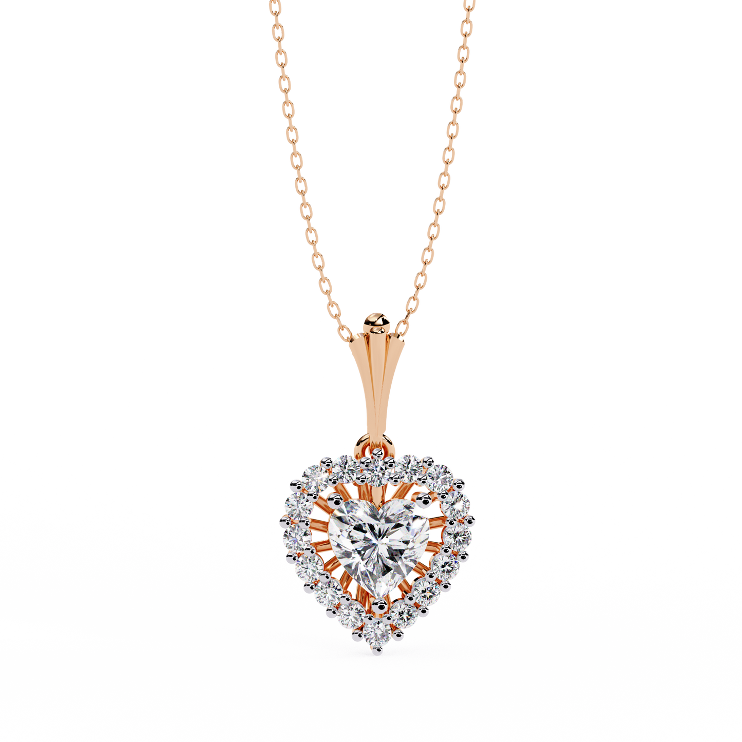 Heart Halo Pendant Necklace – Vintage Sunburst Medallion with Center Heart Stone, Custom in Lab-Grown Diamond or Moissanite, Gift for Her