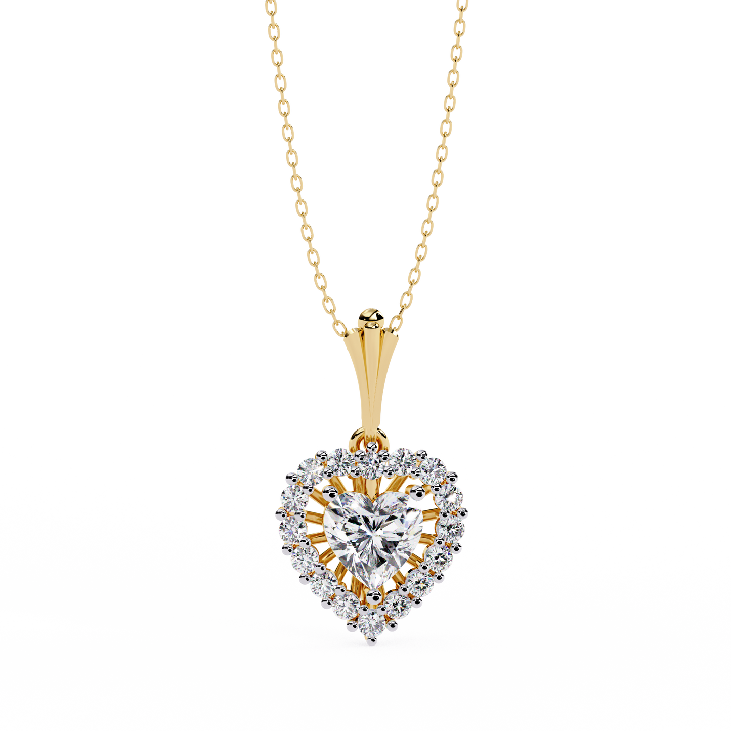 Heart Halo Pendant Necklace – Vintage Sunburst Medallion with Center Heart Stone, Custom in Lab-Grown Diamond or Moissanite, Gift for Her