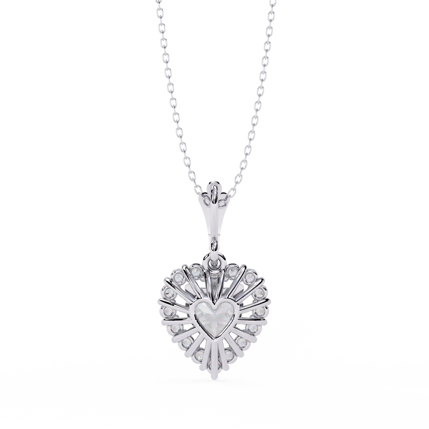Heart Halo Pendant Necklace – Vintage Sunburst Medallion with Center Heart Stone, Custom in Lab-Grown Diamond or Moissanite, Gift for Her