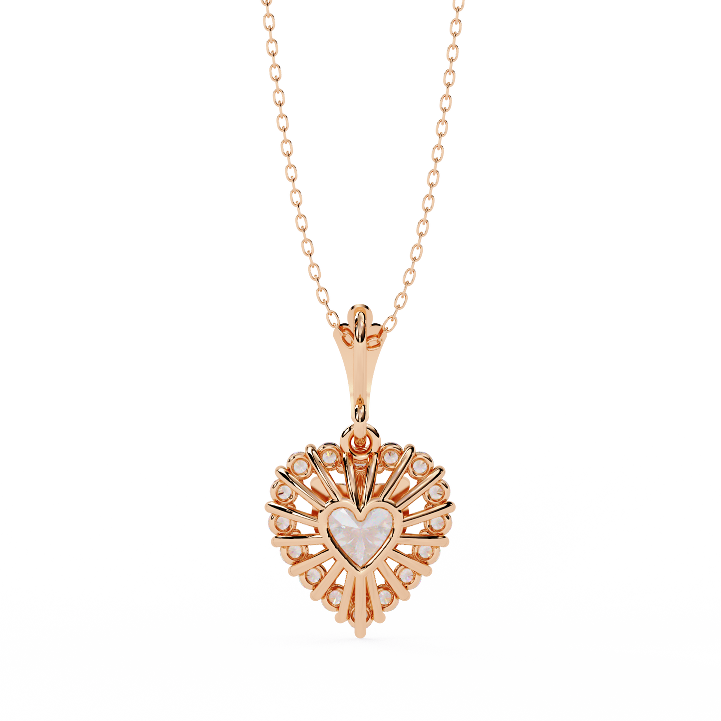 Heart Halo Pendant Necklace – Vintage Sunburst Medallion with Center Heart Stone, Custom in Lab-Grown Diamond or Moissanite, Gift for Her