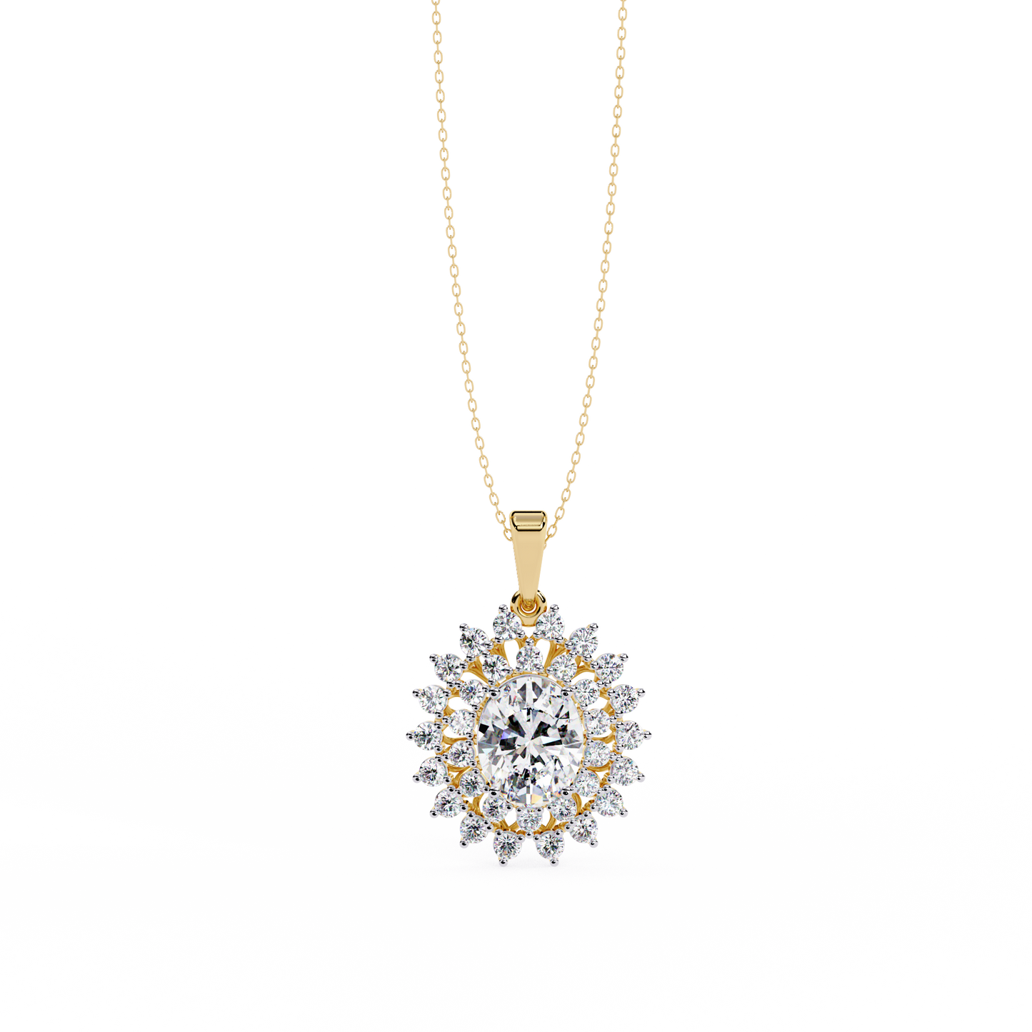 Oval Sunburst Halo Pendant Necklace – Double Halo Cluster – Lab-Grown Diamond or Moissanite, Vintage-Inspired Sparkle Gift for Her