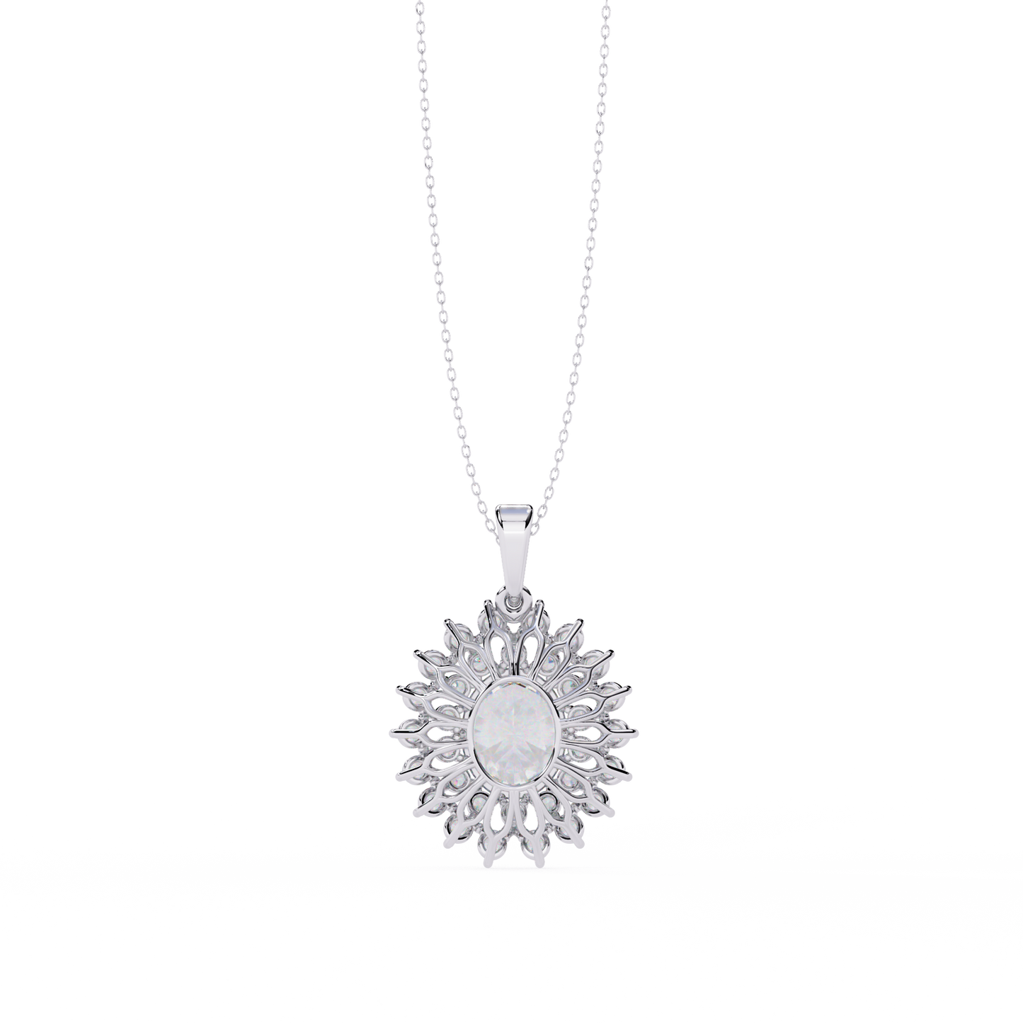 Oval Sunburst Halo Pendant Necklace – Double Halo Cluster – Lab-Grown Diamond or Moissanite, Vintage-Inspired Sparkle Gift for Her