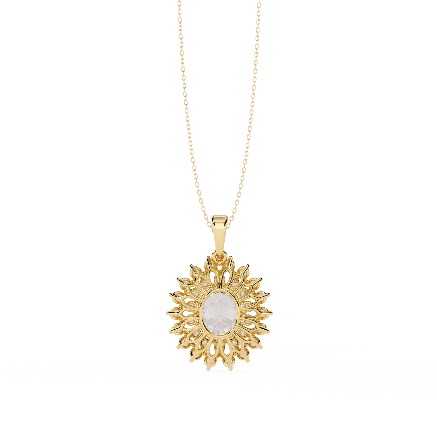 Oval Sunburst Halo Pendant Necklace – Double Halo Cluster – Lab-Grown Diamond or Moissanite, Vintage-Inspired Sparkle Gift for Her