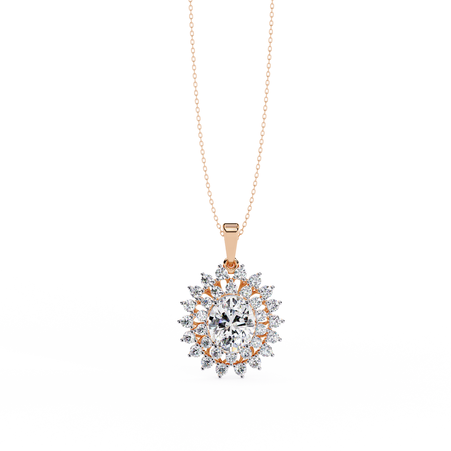 Oval Sunburst Halo Pendant Necklace – Double Halo Cluster – Lab-Grown Diamond or Moissanite, Vintage-Inspired Sparkle Gift for Her