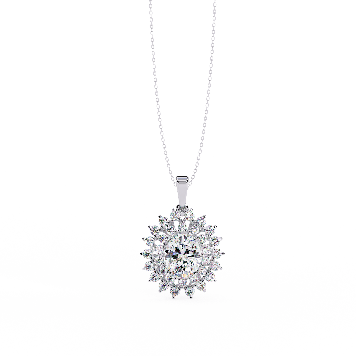 Oval Sunburst Halo Pendant Necklace – Double Halo Cluster – Lab-Grown Diamond or Moissanite, Vintage-Inspired Sparkle Gift for Her