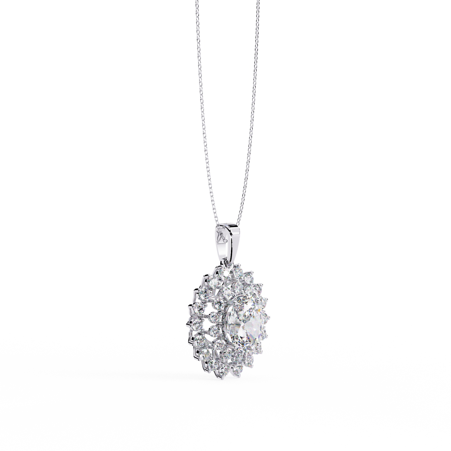 Oval Sunburst Halo Pendant Necklace – Double Halo Cluster – Lab-Grown Diamond or Moissanite, Vintage-Inspired Sparkle Gift for Her