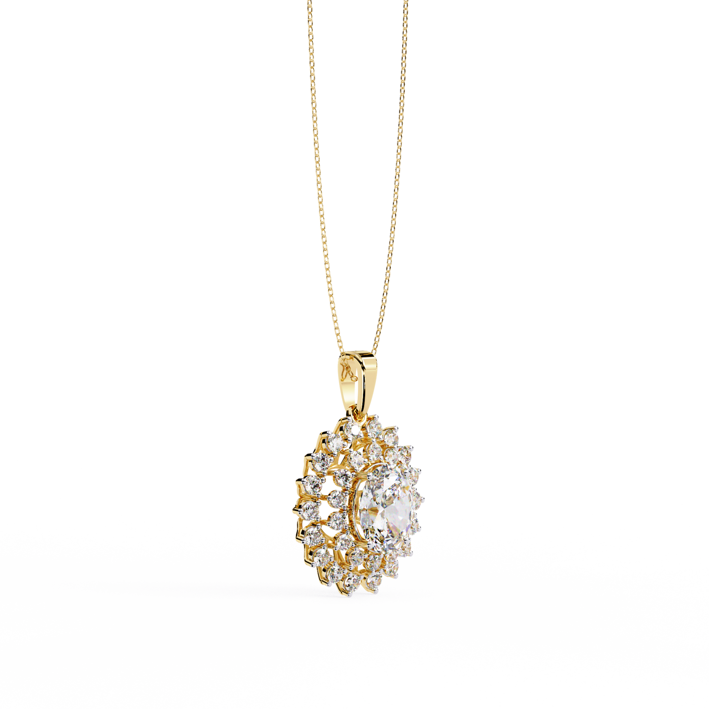 Oval Sunburst Halo Pendant Necklace – Double Halo Cluster – Lab-Grown Diamond or Moissanite, Vintage-Inspired Sparkle Gift for Her