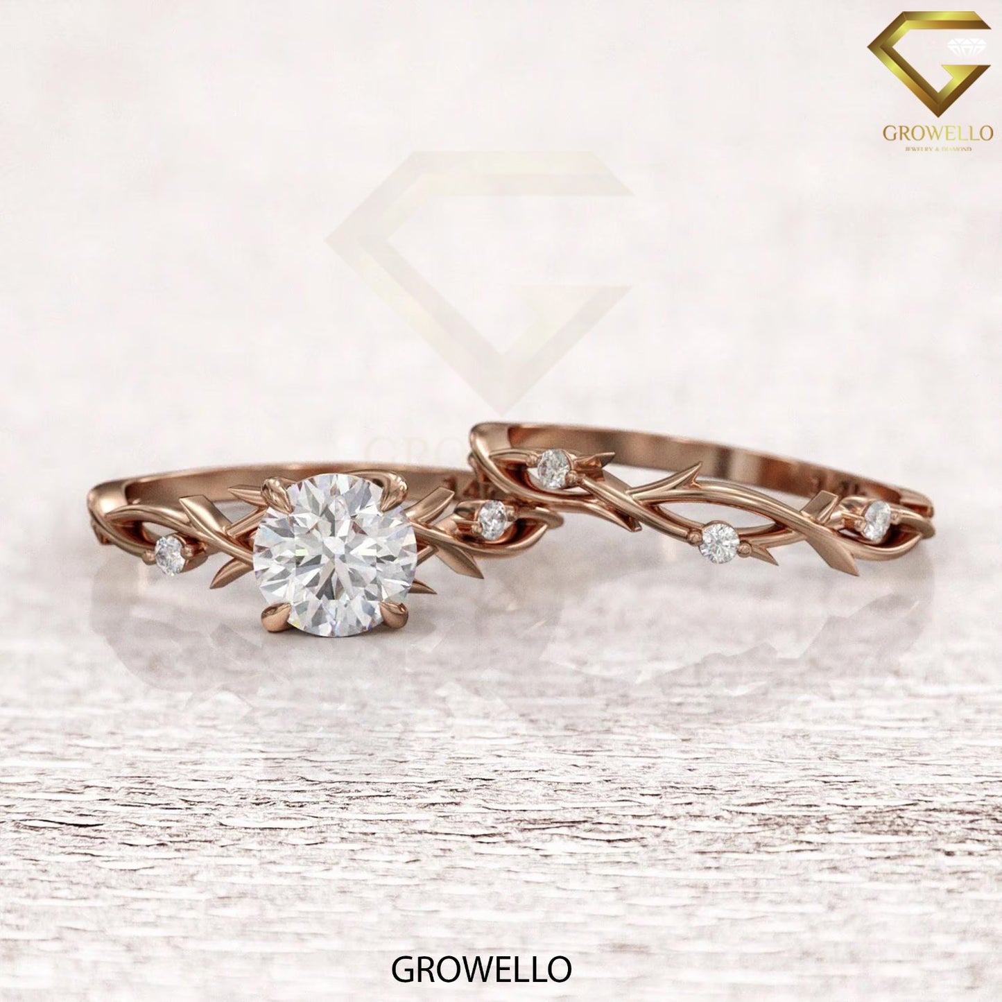 2ct round vine engagement ring, nature branch design, solid gold, lab diamond or moissanite