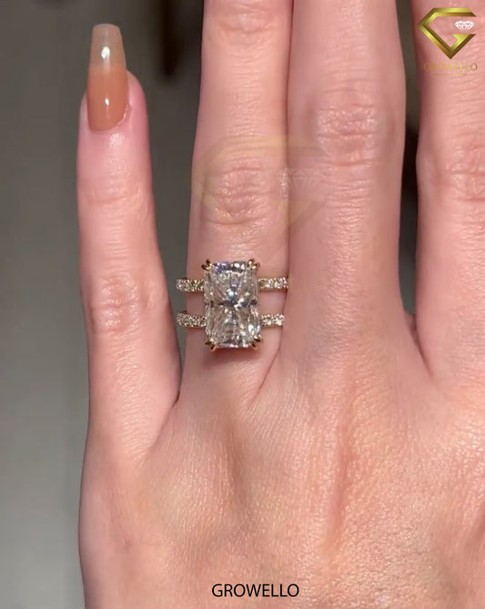 4ct radiant split double band ring, pavé shank, solid gold, lab-grown diamond or moissanite