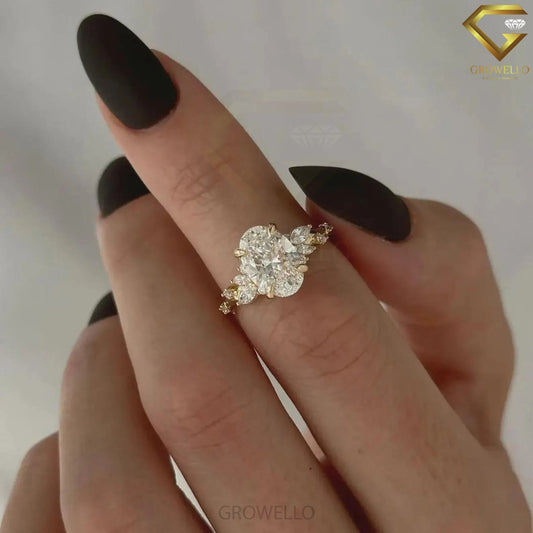 3CT oval floral cluster engagement ring, leaf side stones, solid gold, lab-grown diamond or moissanite